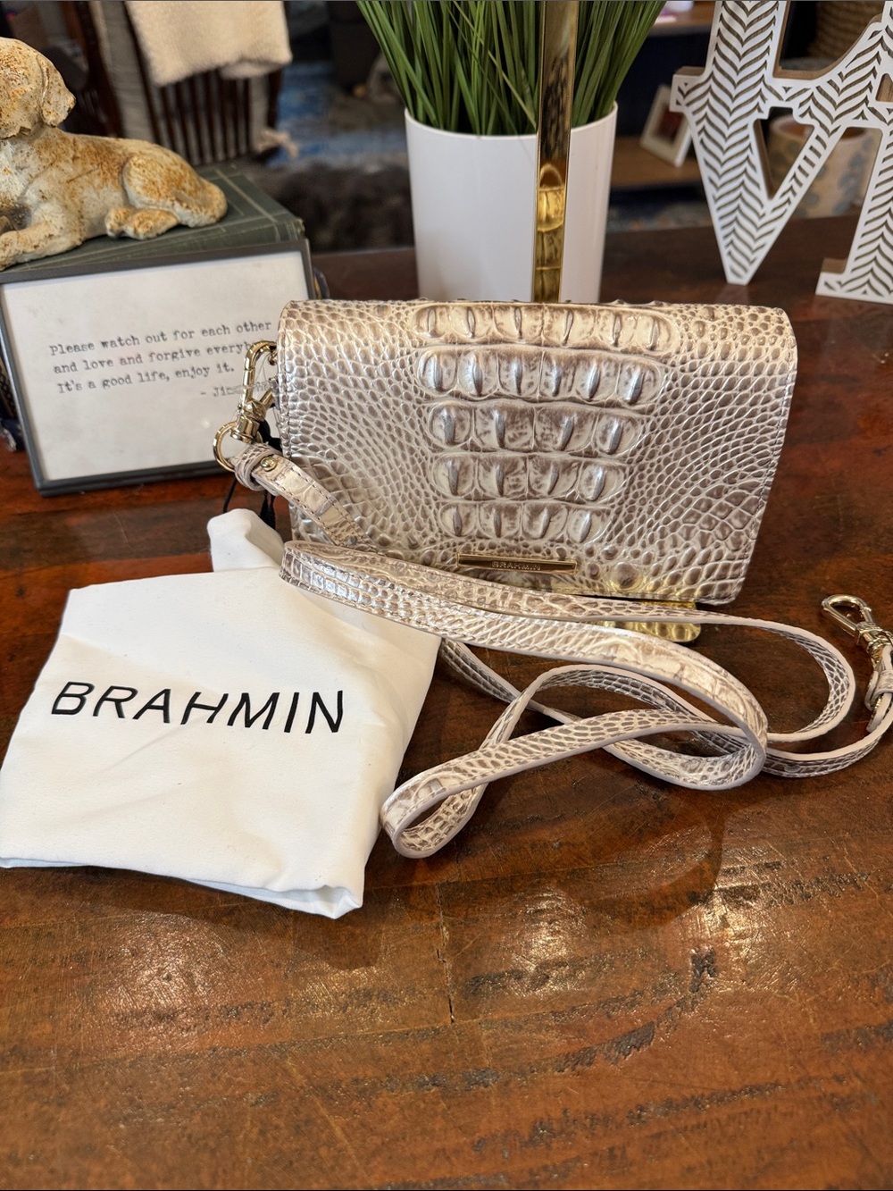 Brahmin Cream Croc-Embossed Crossbody Bag